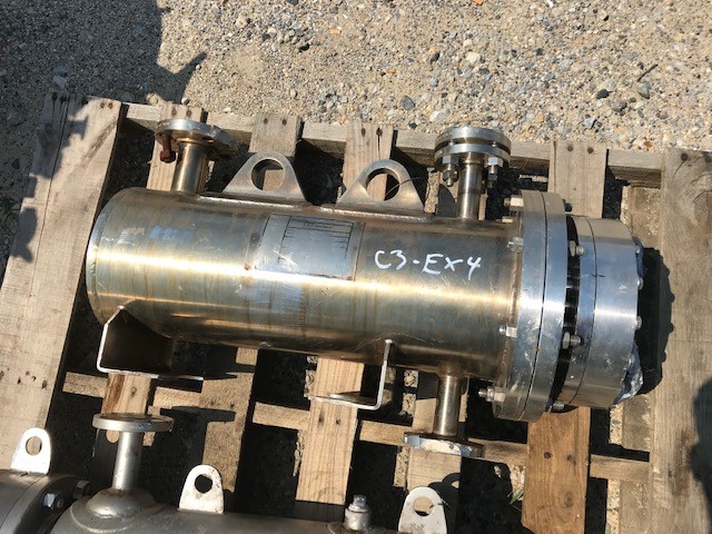 used 3 Sq.Ft. ITT Standard Stainless Steel Shell and Tube Heat Exchanger. Sanitary Construction. 316 SS Tubes rated 150 @ 367 Deg.F. (-20).  SS Shell rated 150 @ 367 Deg.F. (-20). NB # 57478.  Shell is 8